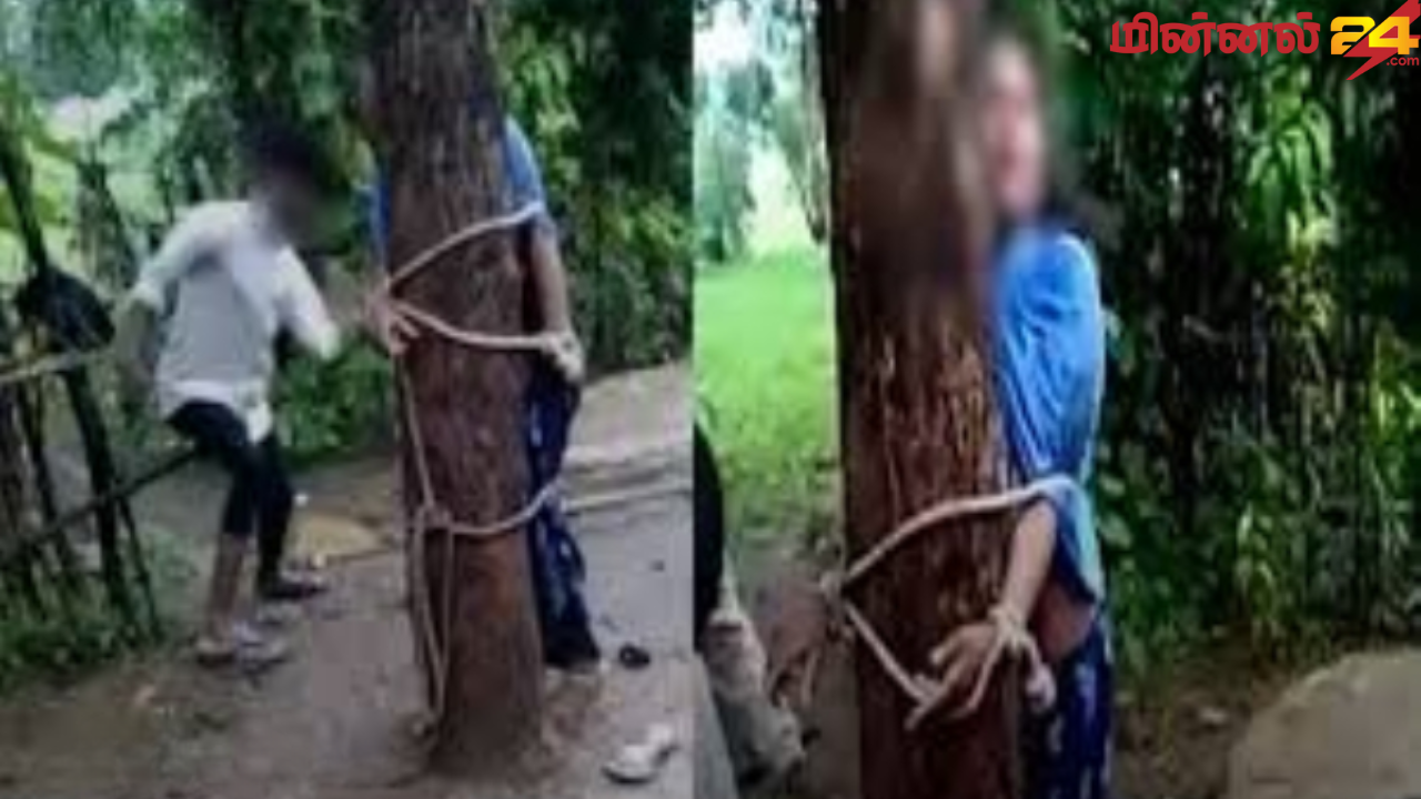 பெண்ணை மரத்தில் கட்டி வைத்து தாக்கிய அதிகாரிகள்