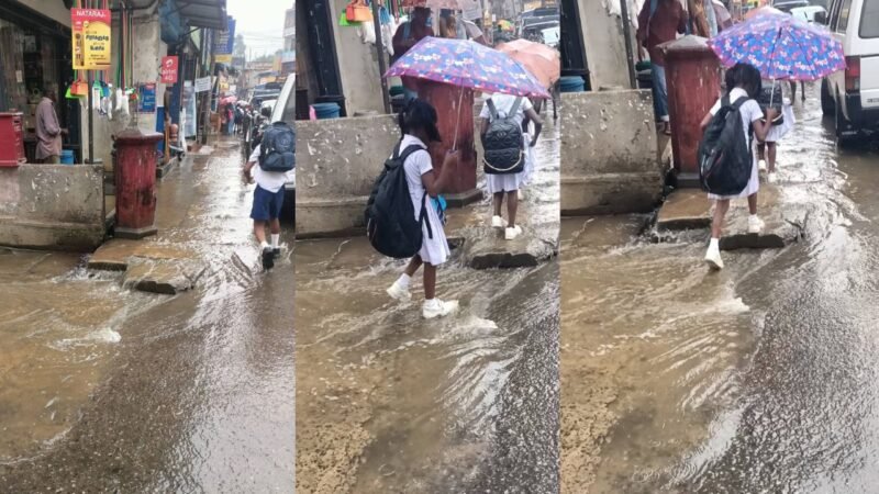 வீதியில் வழிந்தோடும் மழை நீரால் மாணவர்கள் சிரமத்தில்!