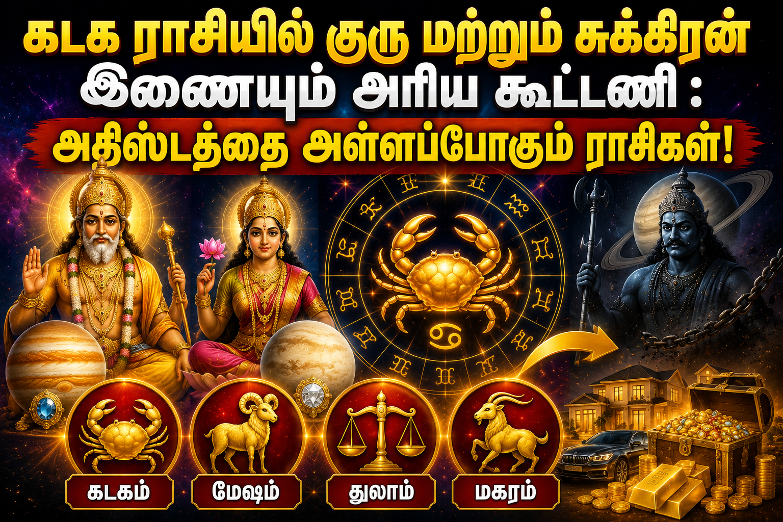 கடக ராசியில் குரு மற்றும் சுக்கிரன் இணையும் அரிய கூட்டணி : அதிஸ்டத்தை அள்ளப்போகும் ராசிகள்!