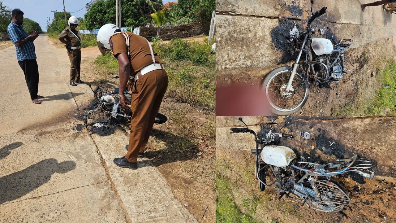எரிபொருள் பரிசோதனையின் போது திடீரென தீப்பற்றிய மோட்டார் சைக்கிள்