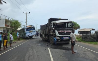 டிப்பர் வாகனம் மற்றும் பேருந்து நேருக்கு நேர் மோதி விபத்து : ஐந்து பேர் காயம்